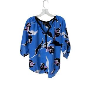 Yumi Kim 100% Silk Blue Floral Long Sleeve Blouse Size Large